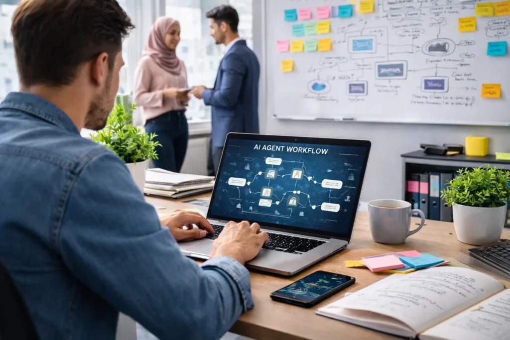 AI Agent Development Services shown in a modern office where a developer works on an AI agent workflow on a laptop while a team discusses near a whiteboard.