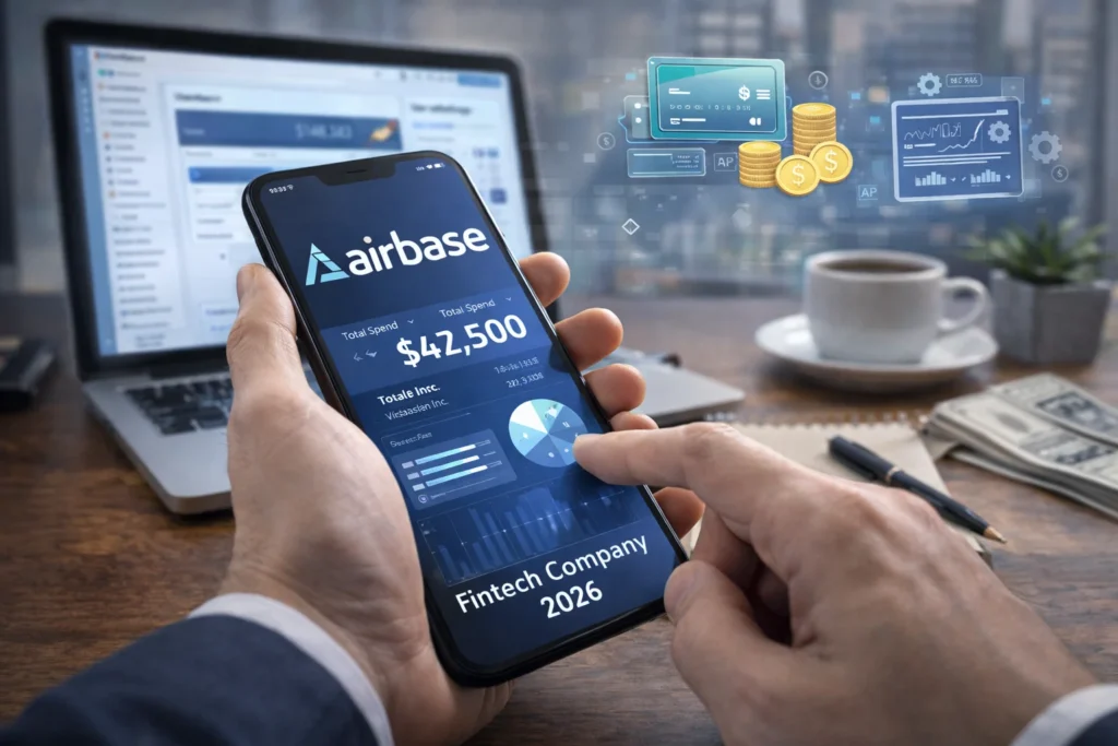 Business professional using a mobile dashboard of the Airbase Fintech Company showing spend analytics, charts, and financial data in a modern office setting.
