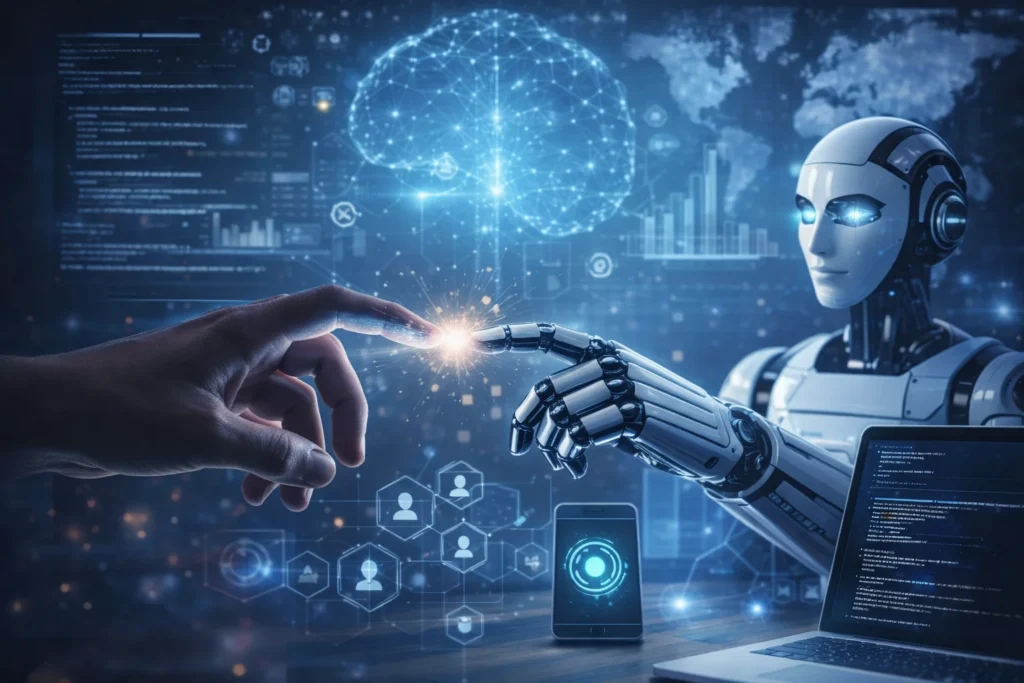 Building Agentic AI Apps concept showing a human hand connecting with a robot hand, AI brain network, and app development interface.