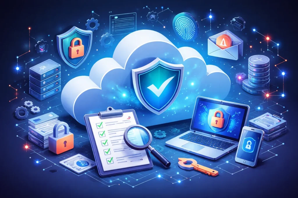 Cloud security illustration showing data protection, encryption locks, a shield icon, laptop, servers, and cybersecurity monitoring tools.