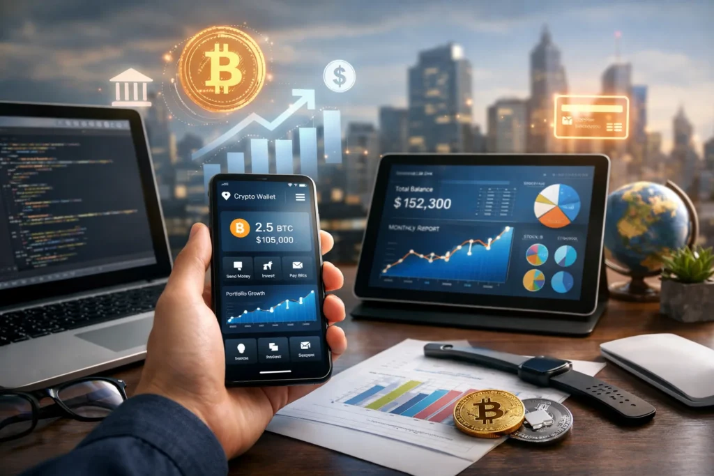 fintech app development team building a mobile banking and crypto wallet app on smartphone and tablet with real-time charts in a modern office.