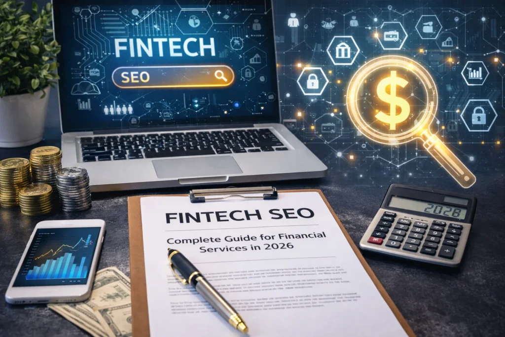 Fintech SEO concept shown with a laptop displaying SEO search, financial analytics on a phone, stacked coins, and a fintech marketing document on a desk.