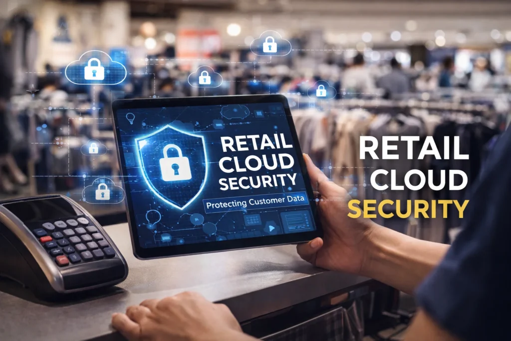 Retail Cloud Security concept shown on a tablet with a digital lock and cloud icons inside a retail store environment.
