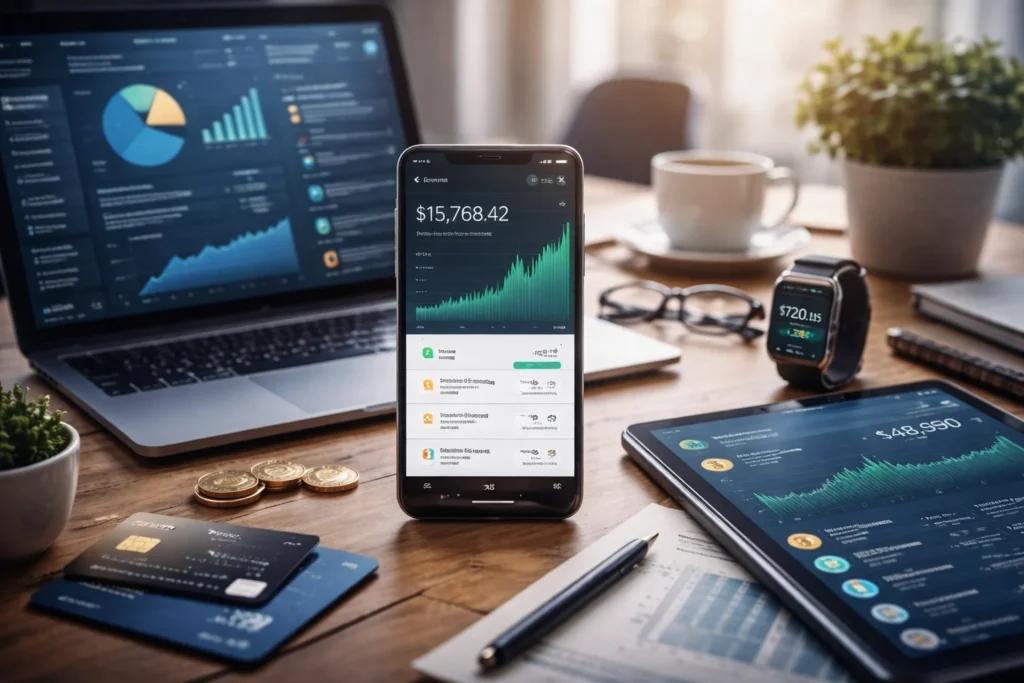 Top Fintech Apps 2026 shown on a smartphone portfolio app with laptop analytics dashboard, tablet finance chart, and modern fintech workspace.