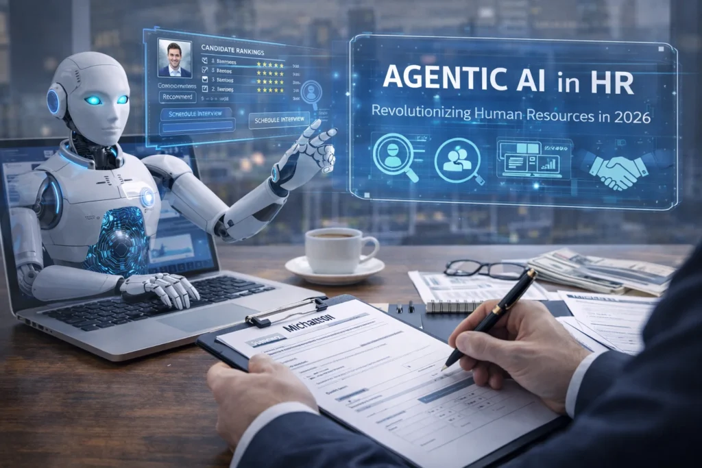 HR professional reviewing a candidate resume while an AI assistant manages hiring tasks, illustrating agentic ai in hr in a modern office.