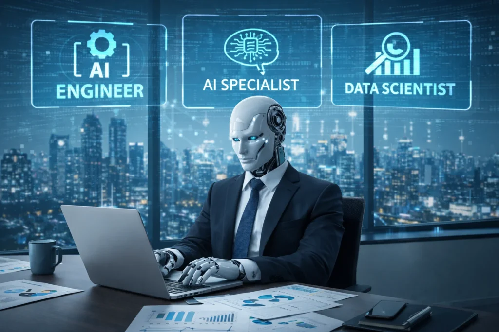 Humanoid robot working on a laptop in a modern office with futuristic city background, representing agentic ai jobs in 2026.