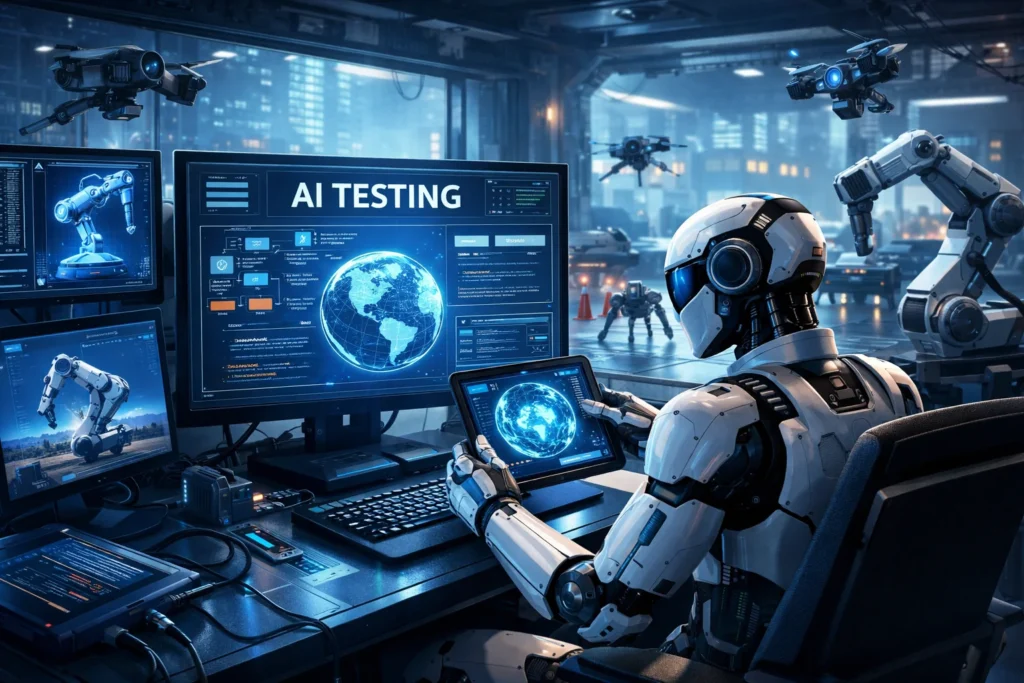 Futuristic laboratory scene showing a humanoid robot analyzing data on multiple screens and a tablet, illustrating advanced agentic AI testing in a high-tech environment.