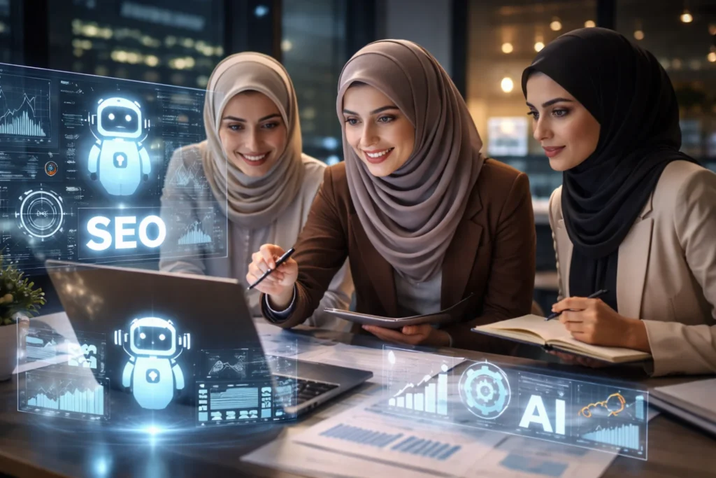ai agent for seo strategy collaboration shown in a modern office where professionals analyze search performance and automation insights on digital dashboards.
