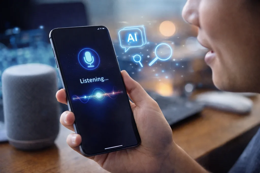 ai agent voice search on a smartphone with a person speaking to a voice assistant while the device listens and processes the query.