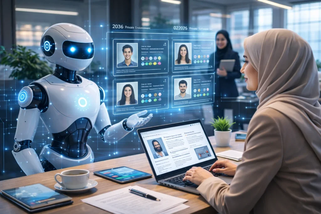 ai agents recruitment shown in a modern office where hijab-wearing recruiters collaborate with an AI assistant reviewing candidate profiles on digital screens.
