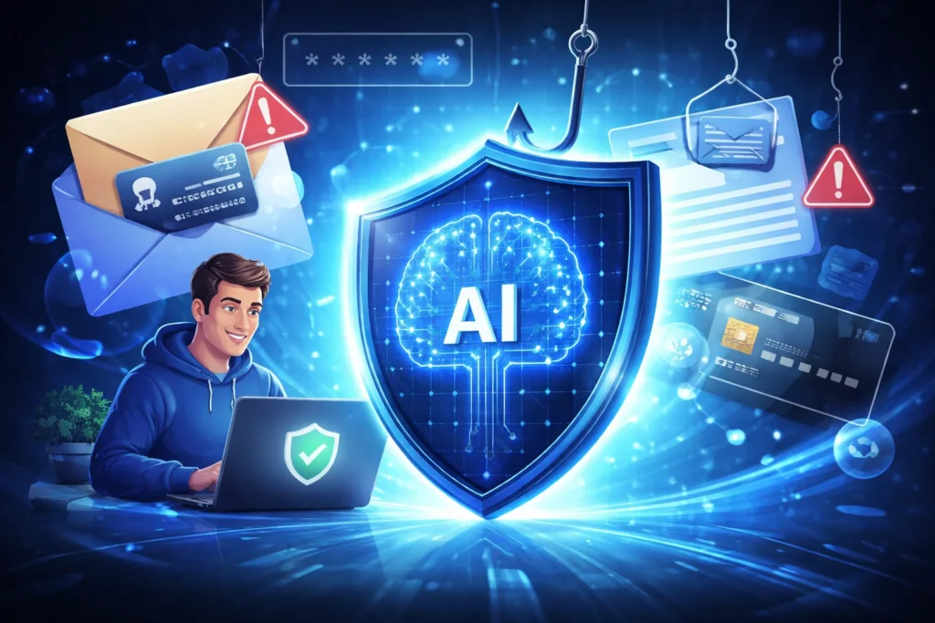 AI phishing protection concept showing a user on a laptop protected by a glowing AI-powered security shield blocking phishing emails and malicious messages.