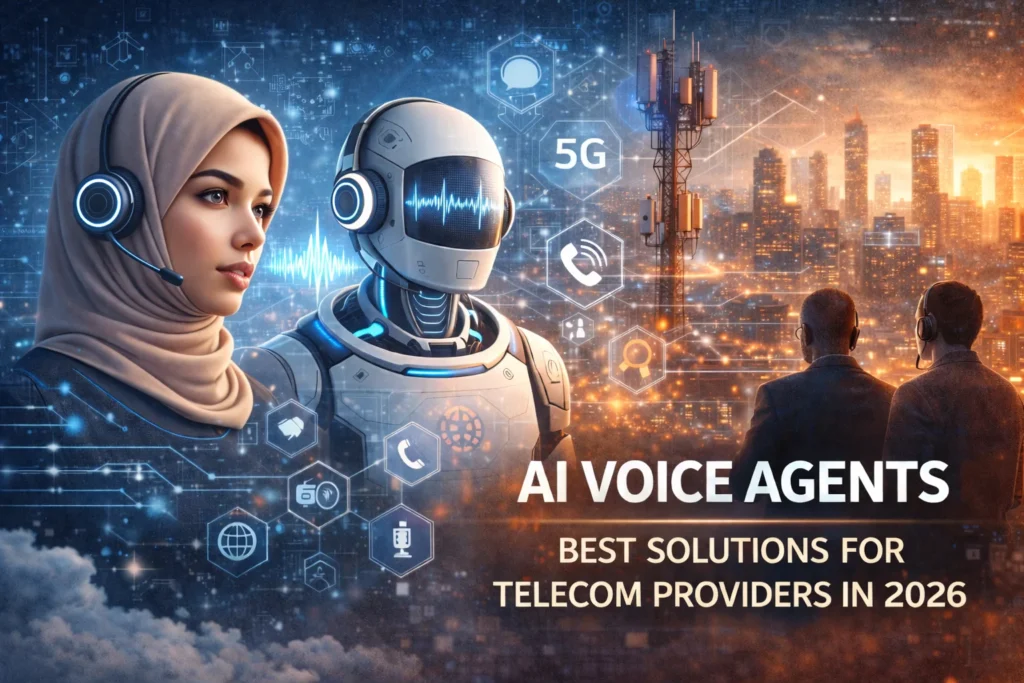 AI voice agents for telecom providers showing a woman wearing a hijab using a headset alongside a humanoid robot, with 5G towers and digital voice waveforms in a futuristic city.