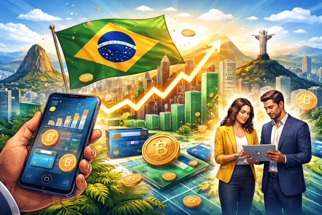 Brazil fintech news concept image showing Brazil’s skyline, national flag, rising financial graph, smartphone with fintech app, and digital currency symbols representing the growth of Brazil’s fintech sector.