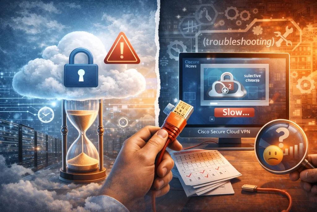 cisco secure cloud vpn slow connection shown by a frustrated user facing a slow-loading VPN screen, warning icons, and troubleshooting symbols around a secure cloud network.
