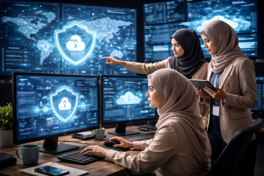 Cloud native security operations center with professionals monitoring secure cloud infrastructure on multiple screens displaying protected cloud and network data.