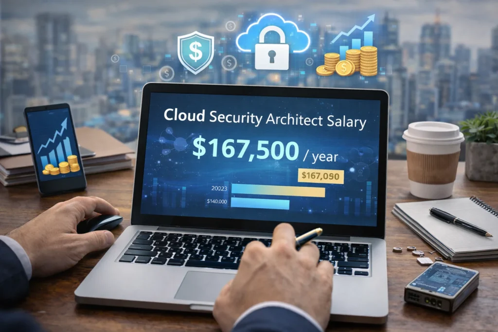 cloud security architect salary displayed on a laptop screen showing annual pay figures, growth charts, and cloud security icons in a modern office.