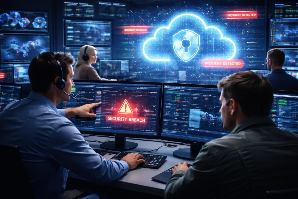 Cloud security incident response team monitoring multiple screens and alerts in a security operations center while responding to a live cloud threat.