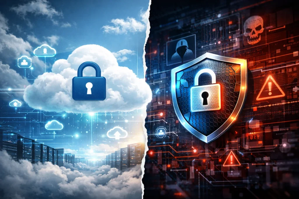 Cloud security vs cyber security comparison showing a secure cloud with a lock on one side and a digital shield with warning icons on the other side.
