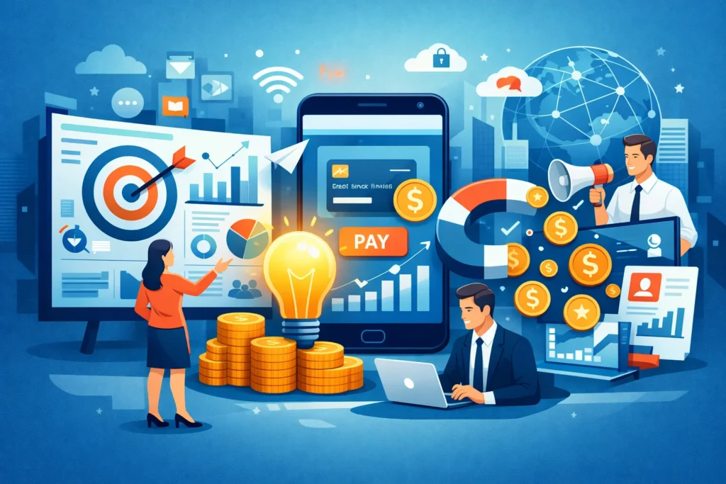 Fintech marketing strategy concept showing a team analyzing financial dashboards, mobile banking app, growth charts, and digital payment icons to plan a fintech marketing strategy.