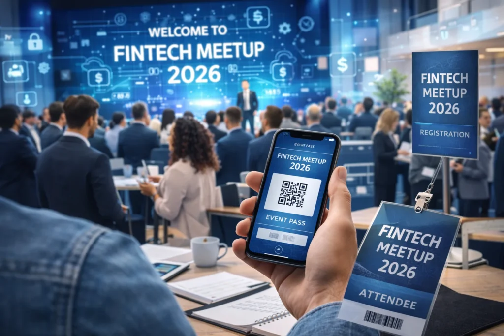 fintech meetup 2026 conference scene with attendees networking, a keynote stage in the background, and a smartphone displaying an event pass.