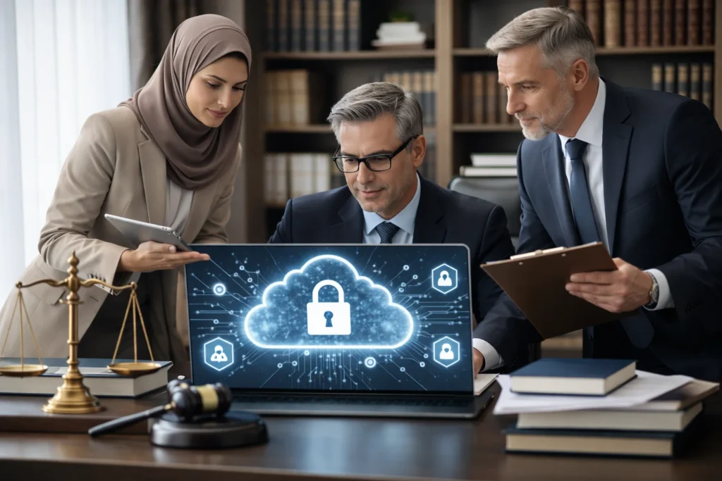 Law firms cloud security concept showing legal professionals reviewing a laptop with a secure cloud lock icon, highlighting law firms cloud security practices.