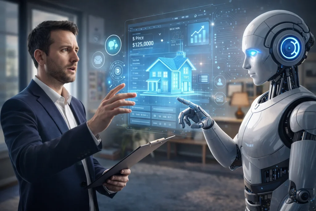 will ai replace real estate agents concept showing a human agent discussing property data with an AI robot using a digital home dashboard.