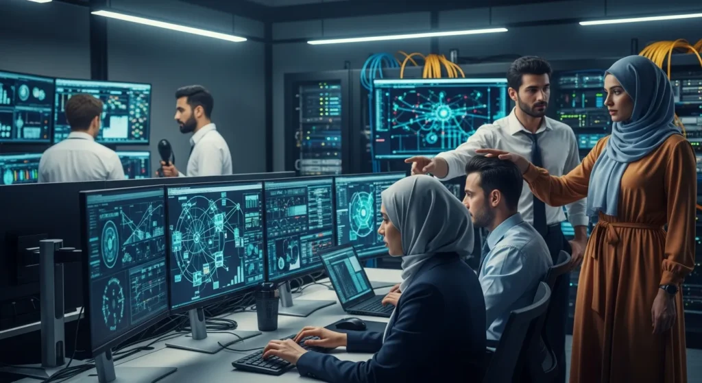 Four diverse IT professionals collaborating in a data center control room surrounded by monitoring screens.