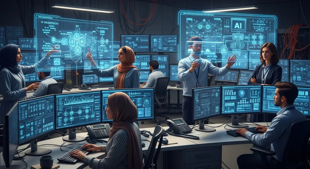 Diverse data science team analyzing complex data and AI schematics in a high-tech control room environment.