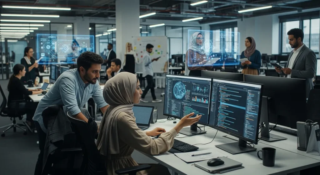 Diverse tech professionals collaborating in an open office, reviewing data and code on dual monitors with futuristic holographic interfaces.