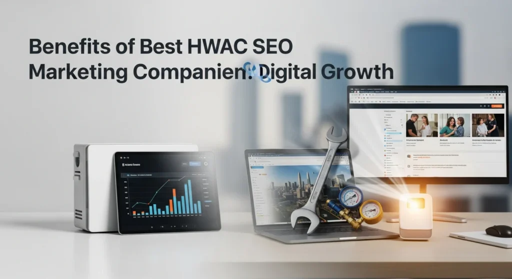 Benefits of Best HVAC SEO Marketing Companies for Digital Growth shown with digital screens, charts, and HVAC tools.