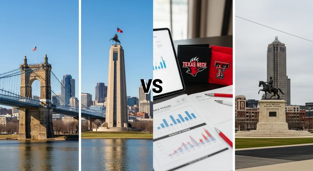 Cincinnati skyline and Texas Tech logos with charts illustrate the Benefits of Cincinnati vs Texas Tech Prediction: General News Analysis.