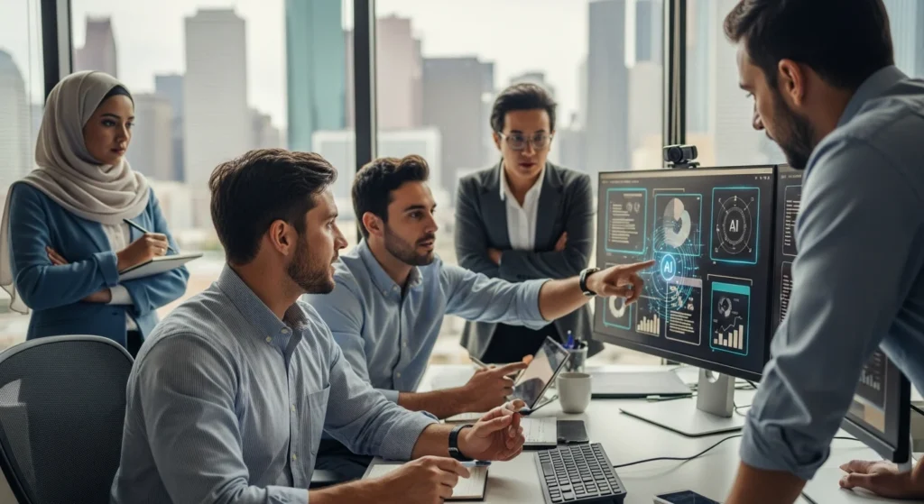 Group reviews AI optimization data in a high-rise office. Highlighting the Benefits of Generative AI Content Optimization for Houston Digital Marketing.