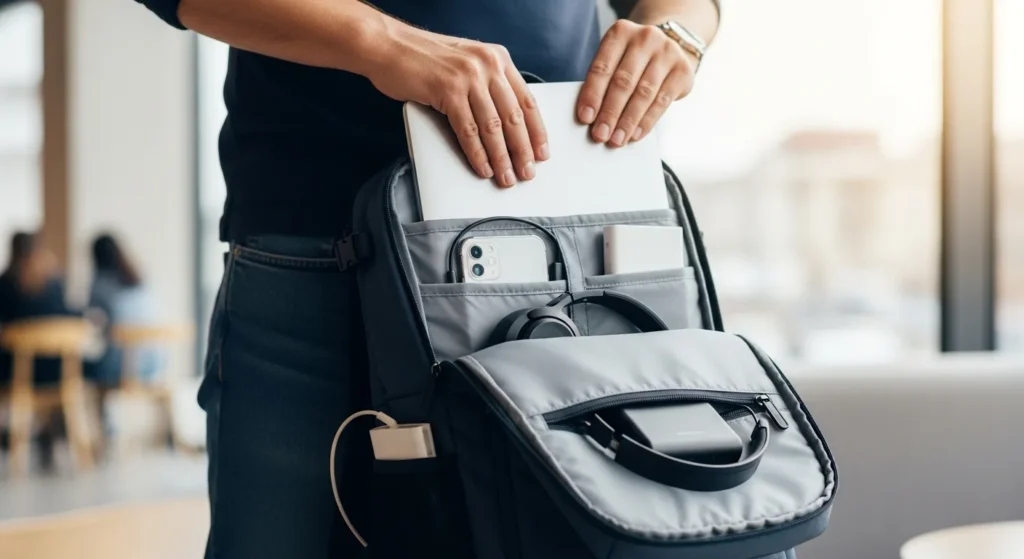 Benefits of Lightweight Backpacks for Laptops: Ultimate Gadgets & Gear Guide. Man packing a laptop, phone, and headphones in his efficient travel bag.