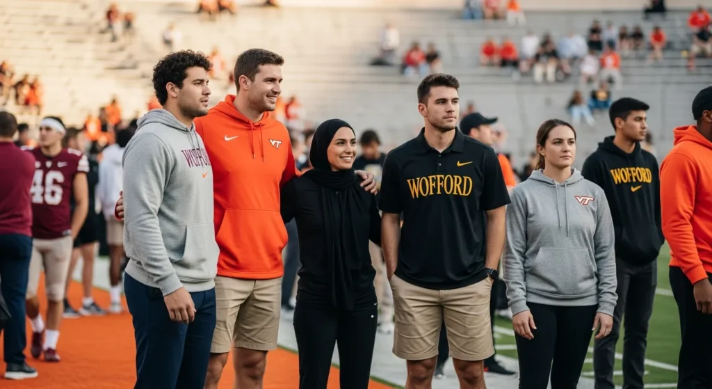 Students wearing Wofford and VT gear at a stadium. Benefits of Wofford Football vs Virginia Tech Hokies Matches: General News coverage.