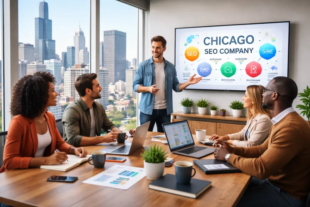 Chicago SEO Company Coalition team meeting in a modern office with professionals discussing digital marketing strategy.