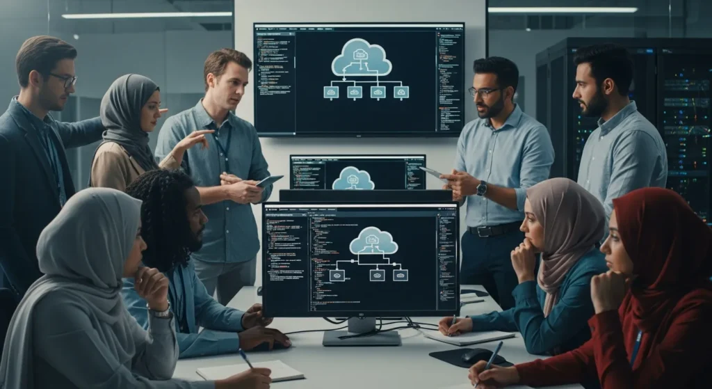 Diverse team of developers and engineers discussing cloud architecture and programming code displayed on large monitors.