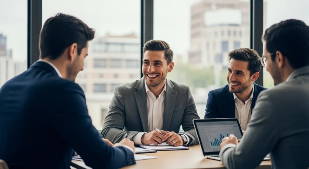 Four smiling businessmen discussing data in an office, symbolizing how Common Charlotte SEO Expert Problems Solved: Digital Marketing Guide helps clients succeed.