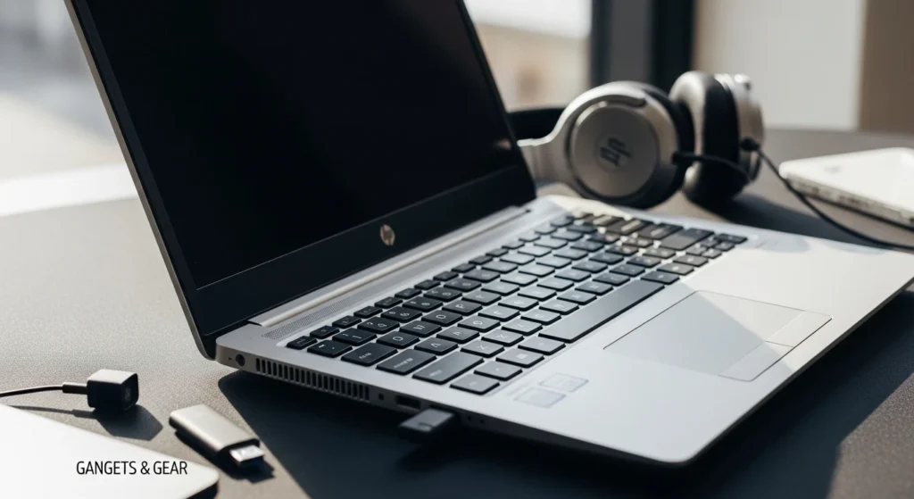 HP laptop with headphones, USB drive, and accessories. Common HP Sound Not Working Laptop Problems Solved: Gadgets & Gear Guide.