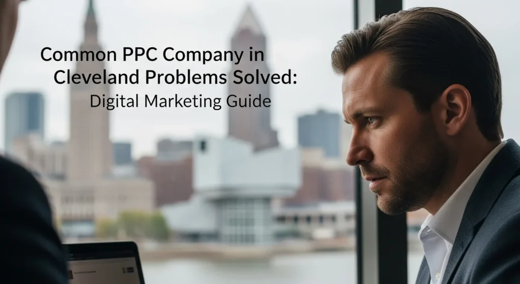 Businessman views Cleveland skyline while reviewing a "Common PPC Company in Cleveland Problems Solved: Digital Marketing Guide".