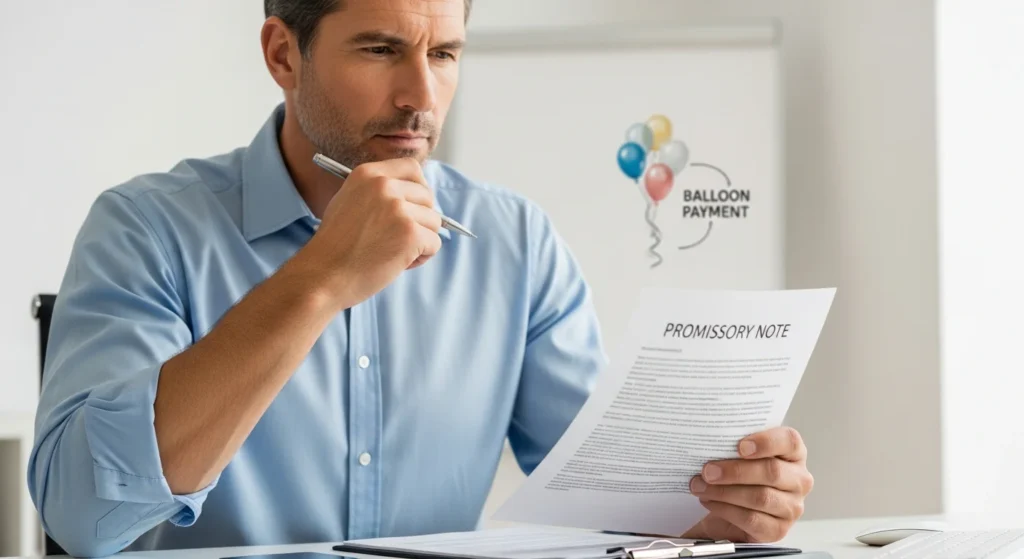 Man reviewing a financial agreement, studying a Common Promissory Note With Balloon Payment Problems Solved, to understand the terms.