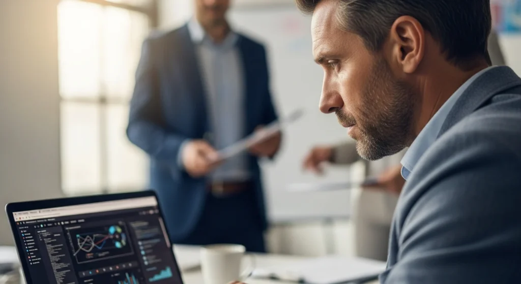 Executive reviewing analytics on a laptop. Common SaaS Grund Problems Solved: Enterprise Tech Solutions Guide for optimizing data.