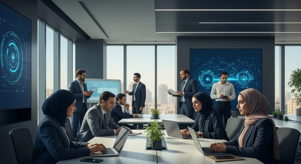 A diverse team of business professionals collaborating around a conference table in a modern, high-tech boardroom with large digital screens displaying data.