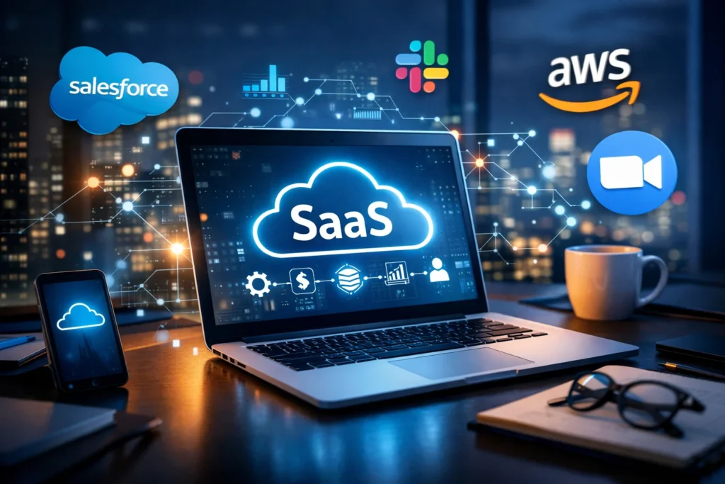Enterprise tech concept showing a modern laptop with cloud software interface and connected digital network icons in a professional workspace.