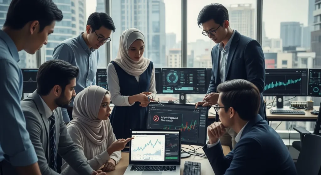 A diverse team of seven financial professionals reviewing market data and trading charts on laptops and multiple large monitors in a modern high-rise office.