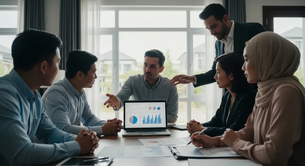 A diverse team of six business professionals review financial charts and graphs displayed on a laptop during a collaborative meeting.