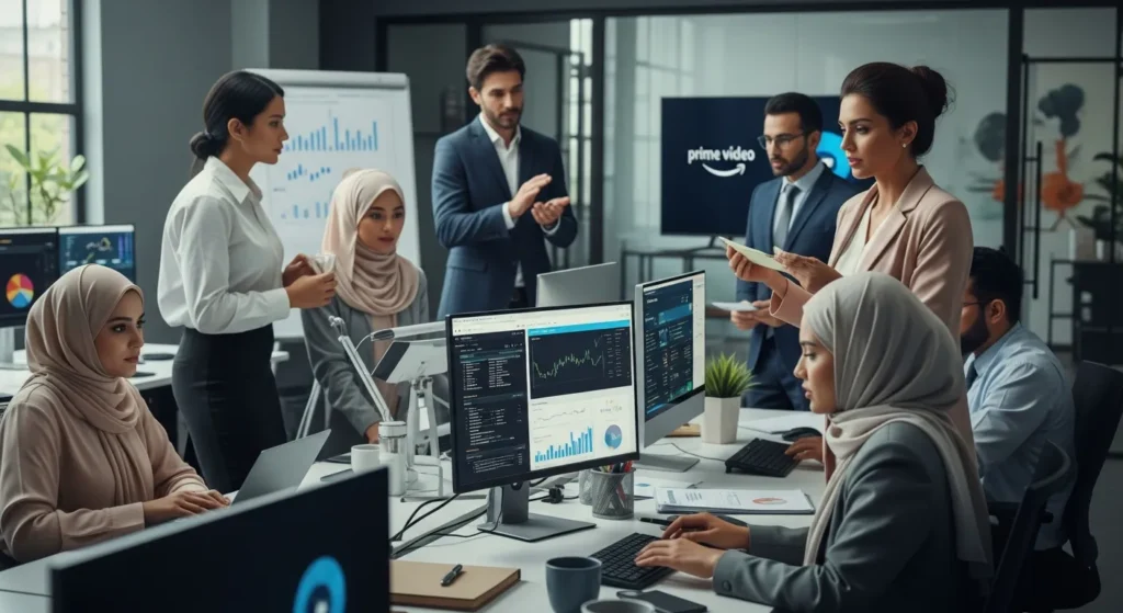Diverse business team collaborating in an office, reviewing digital charts, graphs, and financial data on computer screens.