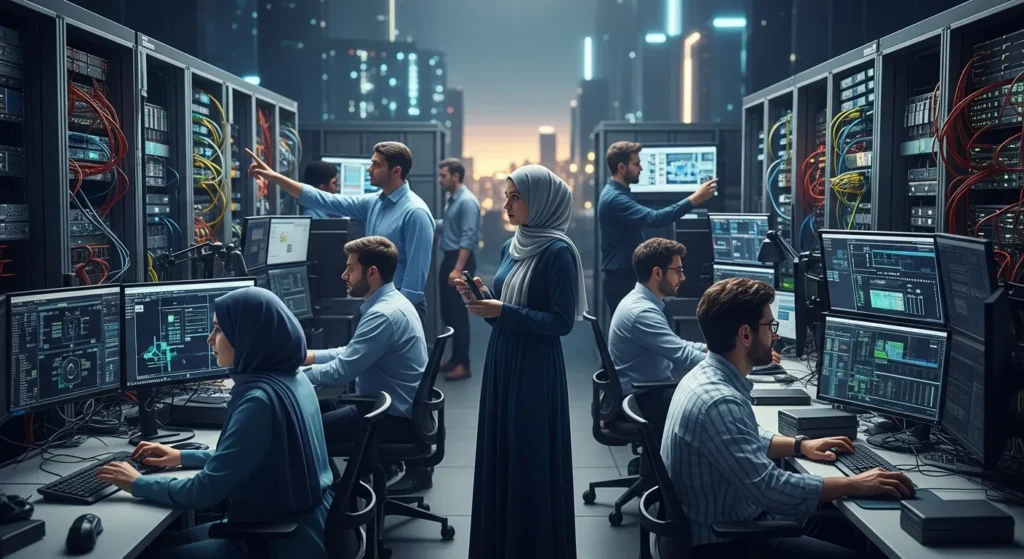 Diverse team of IT professionals monitoring data in a high-tech server room with racks of networked equipment and multi-screen workstations.