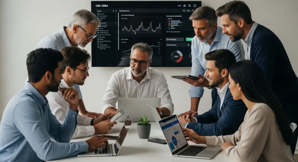 Business team meeting, reviewing data dashboard and charts. How CSEA Longevity Payments 2025 Is Revolutionizing Fintech.