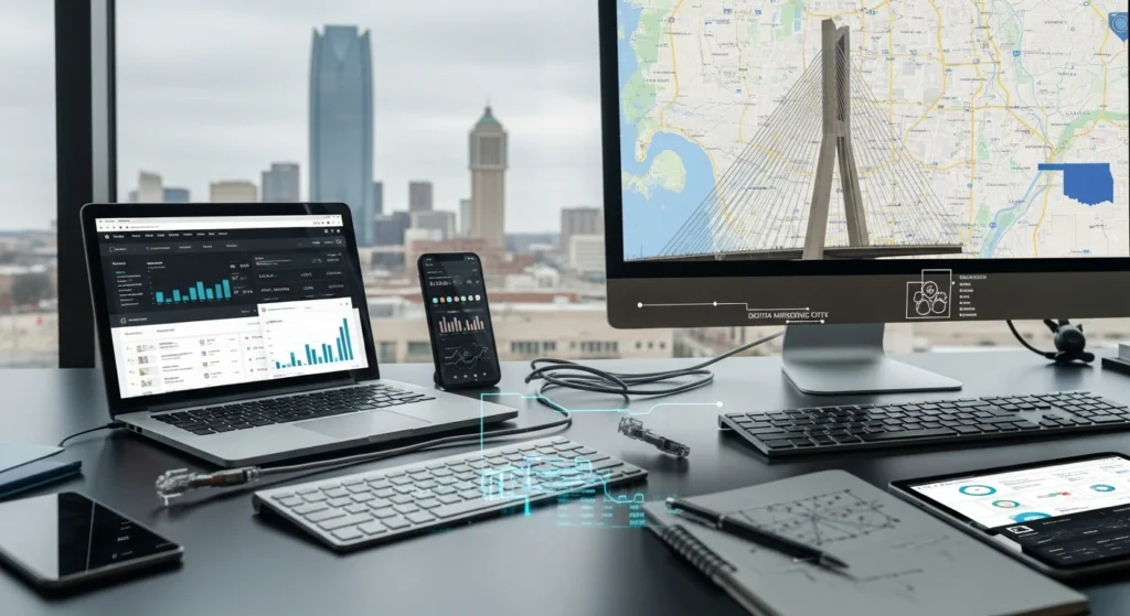 Desk setup with SEO charts, OKC skyline view. How Does SEO Tech Pro Oklahoma City OK Work? Digital Marketing Guide.