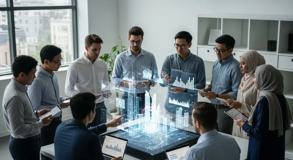 Diverse team analyzes city data via holographic table, illustrating How Hampton Tech Is Changing Tech: General News Analysis 2026.